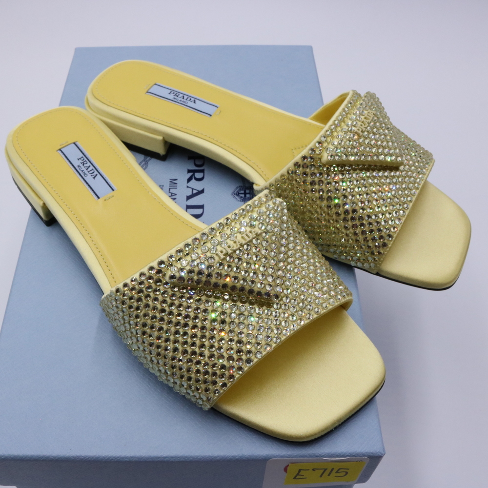 Prada 38 Yellow Crystal Strassed Ciabatte Logo Calzature Donna  Flat Slides E715